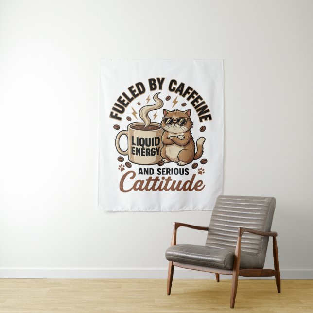 Fueled by Caffeine and Serious Cattitude Funny Cat Wandteppich (Beispiel)