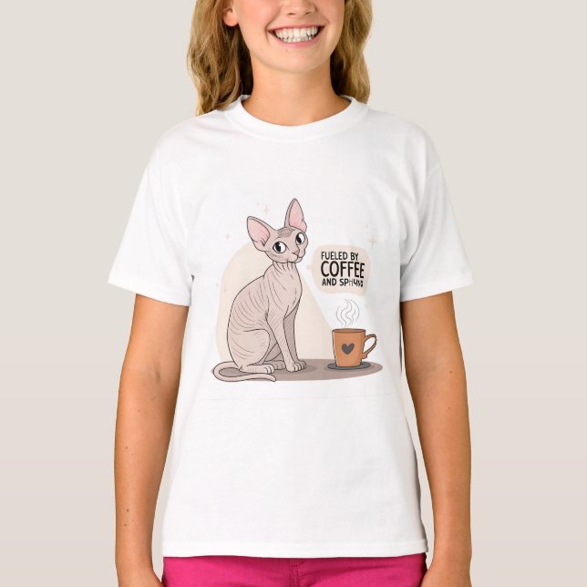 Fueled by Coffee and Sphynx Cat Illustration T-Shirt (Vorderseite)