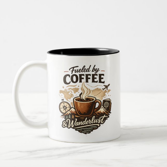Fueled by Coffee & Wanderlust Zweifarbige Tasse (Links)