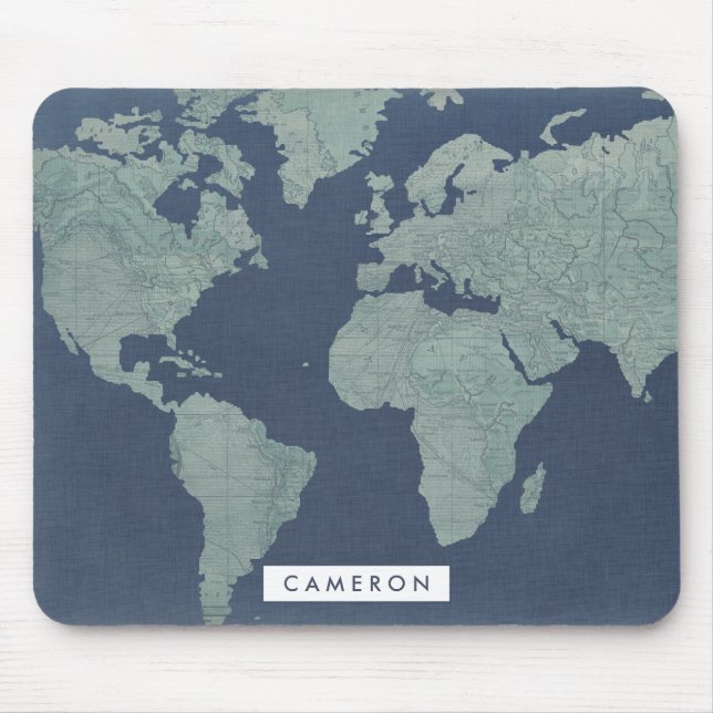Füge Deinen Namen hinzu | Blue Linen World Map Mousepad (Vorne)