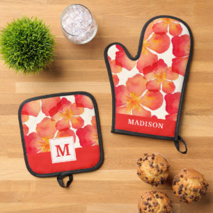 Füge Deinen Namen hinzu Orange Oleander Floral M Ofenhandschuh & Topflappen-Set