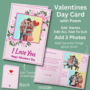Fügen Sie 3 Fotos, rosa Valentinstag mit Liebe Ged Karte