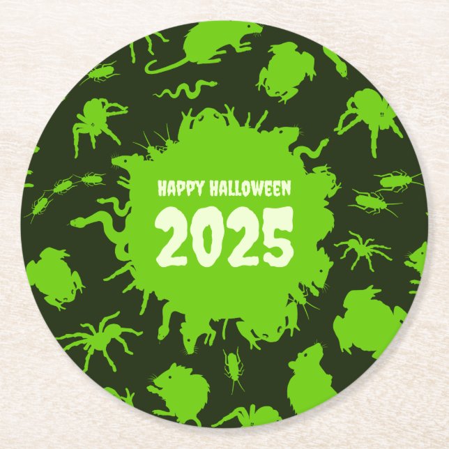Fügen Sie das Jahr glücklich Halloween grüne graue Runder Pappuntersetzer (Vorderseite)