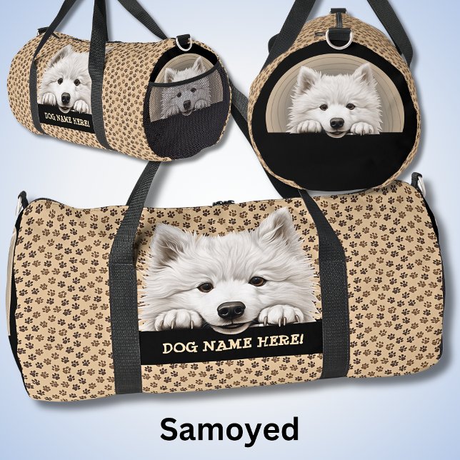Fügen Sie den Namen des Hundes, Ihren Namen, Samoy Duffle Bag (Von Creator hochgeladen)