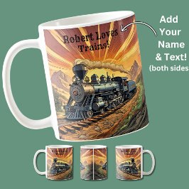 Fügen Sie den Namen Text hinzu, Dampfzug bei Sonne Kaffeetasse