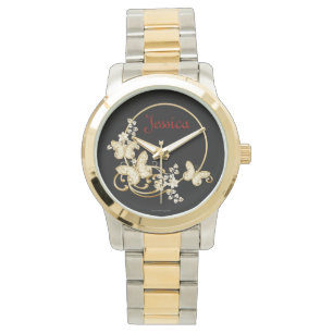 Fügen Sie eine Namensuhr mit Goldschmetterlingen Armbanduhr
