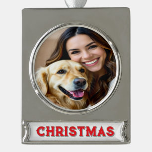 Fügen Sie Golden Retriever Foto Personalisieren Banner-Ornament Silber