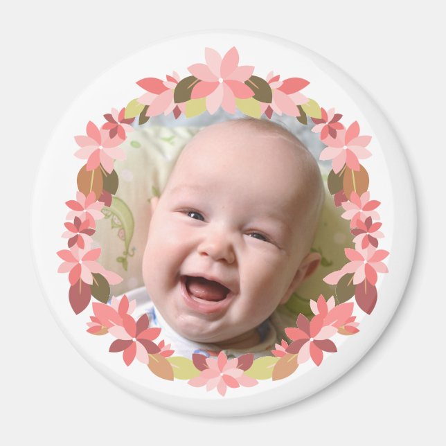 Fügen Sie Ihr Baby Foto Rosa Blumenkraut Rahmen Ma Magnet (Vorne)