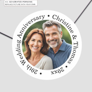 Fügen Sie Ihr eigenes Paar-Foto 20. Hochzeitstag h Runder Aufkleber