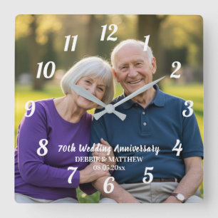 Fügen Sie Ihr eigenes Paar-Foto 70. Hochzeitstag h Quadratische Wanduhr