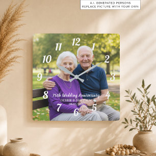 Fügen Sie Ihr eigenes Paar-Foto 75. Hochzeitstag h Quadratische Wanduhr