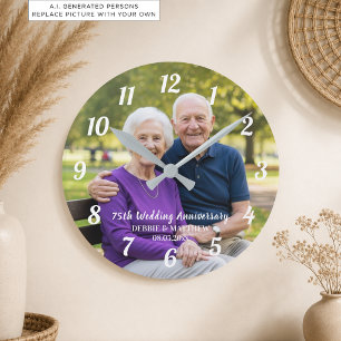 Fügen Sie Ihr eigenes Paar-Foto 75. Hochzeitstag h Runde Wanduhr