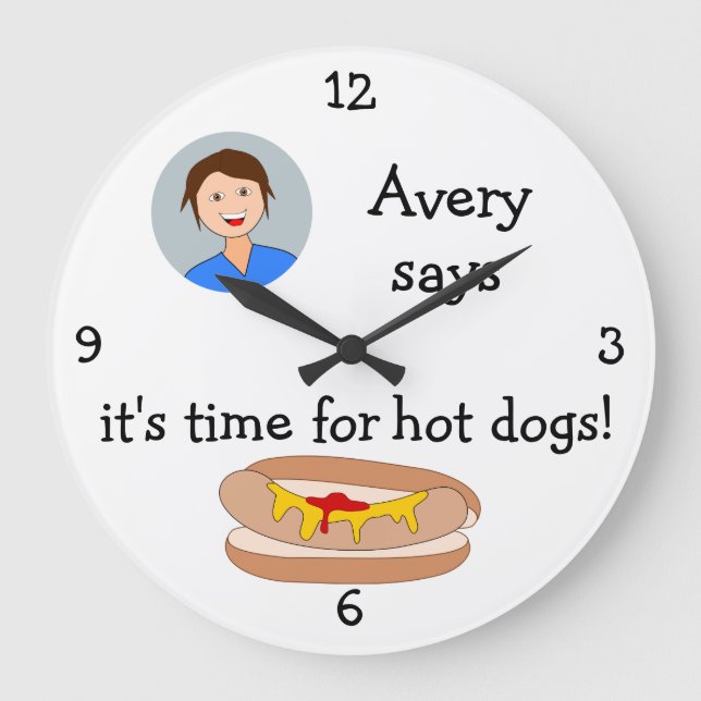 Fügen Sie Ihr Foto hinzu: 'Time for Hot Dogs' Große Wanduhr (Vorderseite)