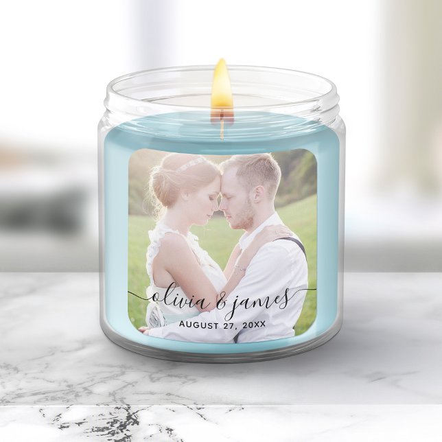 Fügen Sie Ihr Foto Stilvolle Kalligrafie Hochzeit Quadratischer Aufkleber (Von Creator hochgeladen)