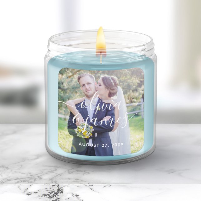 Fügen Sie Ihr Foto Trendy Stylish Calligraphy Wedd Quadratischer Aufkleber (Von Creator hochgeladen)