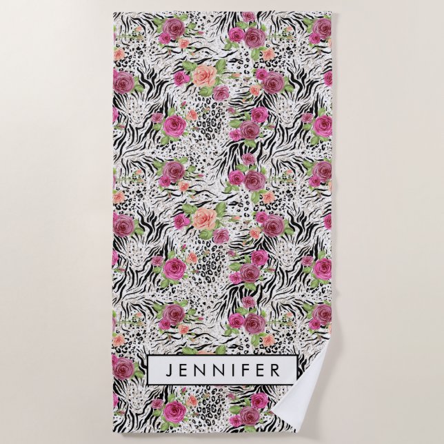 Fügen Sie Ihr Namens| Muster mit Tierdrucken hinzu Strandtuch (Vorderseite)