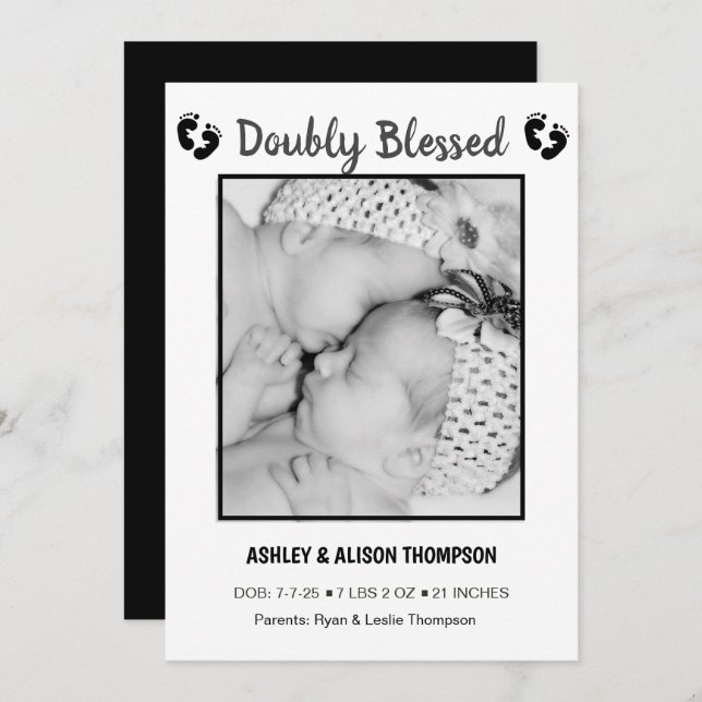 Fügen Sie Ihre Foto Twins Geburtsankündigung hinzu Einladung (Vorne/Hinten)