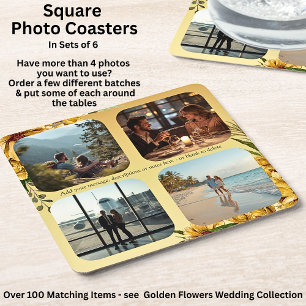 Fügen Sie Ihre Fotos hinzu, Golden Flowers Hochzei Rechteckiger Pappuntersetzer