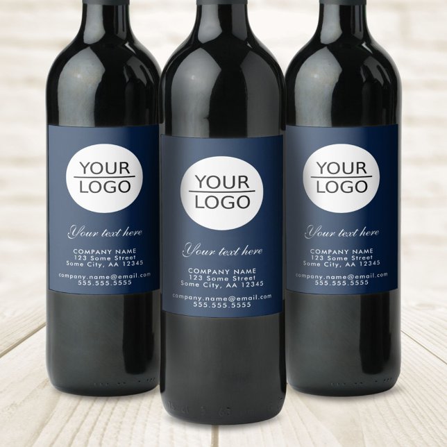 Fügen Sie Ihre Logo Navy Blue Custom Text Werbeakt Weinetikett (Von Creator hochgeladen)