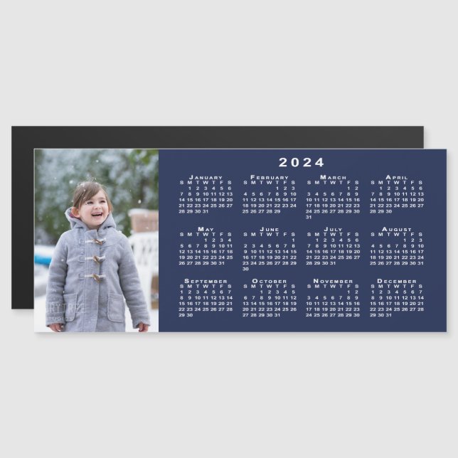 Fügen Sie Ihren Foto 2024 Kalender auf Navy Blue M Magnetkarte (Vorne/Hinten)