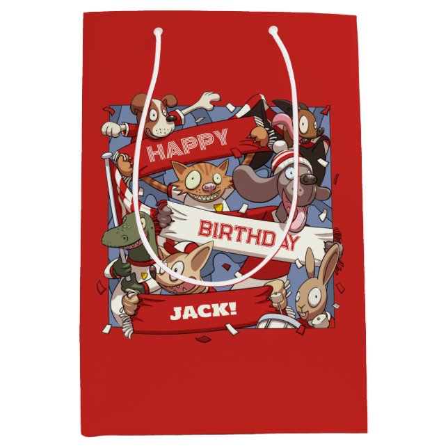 Fügen Sie Ihren Namen Happy Birthday Animal Fans C Mittlere Geschenktüte (Vorderseite)