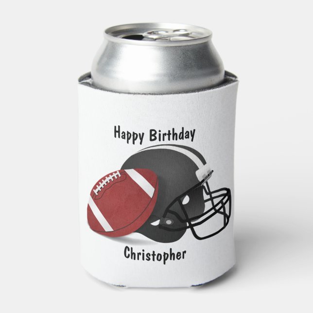Fügen Sie Ihren Namen Happy Birthday Football hinz Dosenkühler (Kanne Vorderseite)