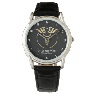 Fügen Sie Ihren Namen Medical Caduceus Symbol Blac Armbanduhr