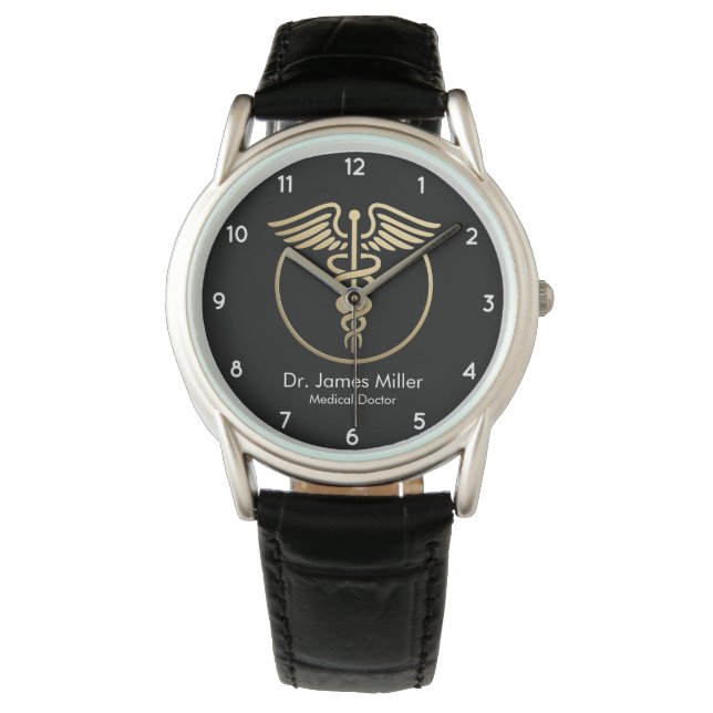 Fügen Sie Ihren Namen Medical Caduceus Symbol Blac Armbanduhr (Vorderseite)