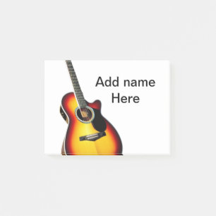 Fügen Sie Ihren Namen Text braune Akustikgitarre e Post-it Klebezettel