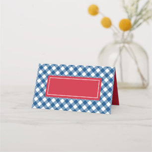 Fügen Sie Ihren Text Blue Gingham Pattern mit Red  Platzkarte