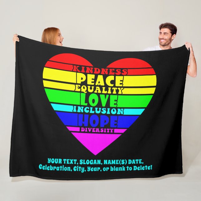 Fügen Sie Ihren Text, Rainbow Heart Peace Equality Fleecedecke (Beispiel)
