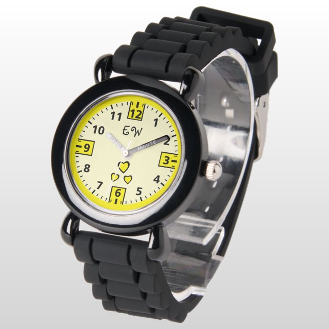 Fügen Sie Initialen Herzen Gelbe Kinder hinzu Armbanduhr (Von Creator hochgeladen)