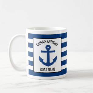 Fügen Sie Kapitän und Bootname Nautical Blue Ancho Kaffeetasse