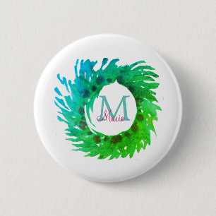 Fügen Sie monogramm rosa grüne Weihnachtskranz hin Button