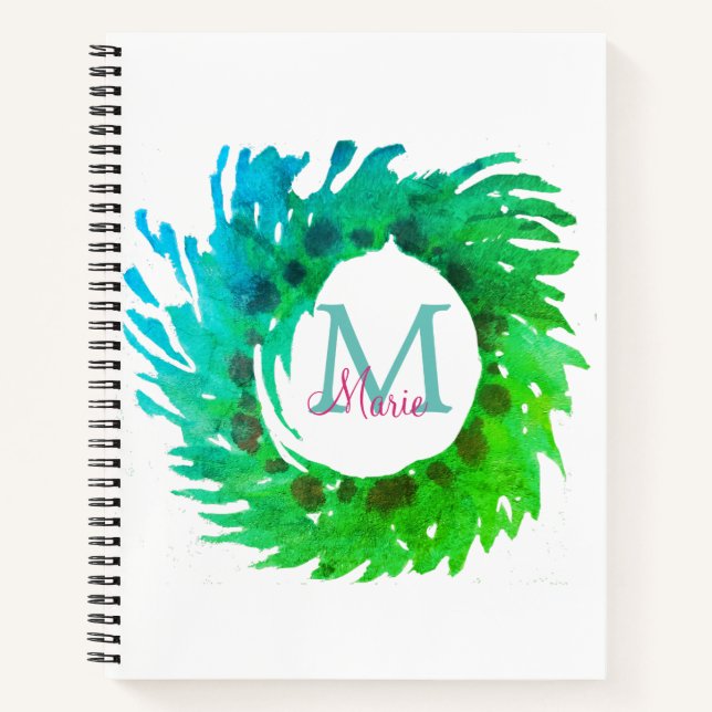Fügen Sie monogramm rosa grüne Weihnachtskranz hin Notizbuch (Vorderseite)