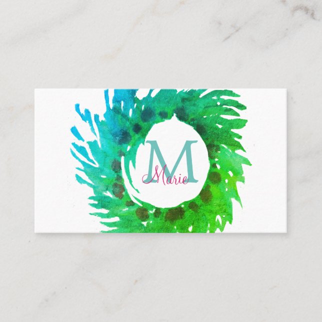Fügen Sie monogramm rosa grüne Weihnachtskranz hin Visitenkarte (Vorderseite)