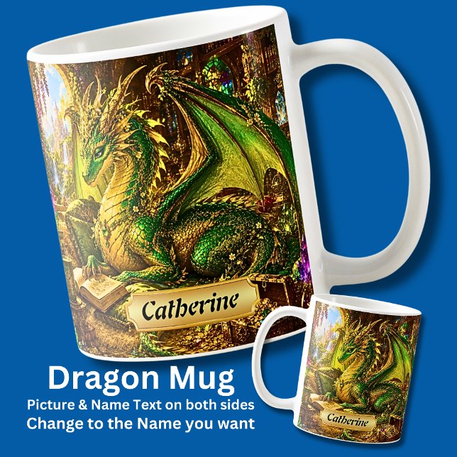 Fügen Sie Name Goldgrüner Drache mit Buch & Kaffee Kaffeetasse (Von Creator hochgeladen)