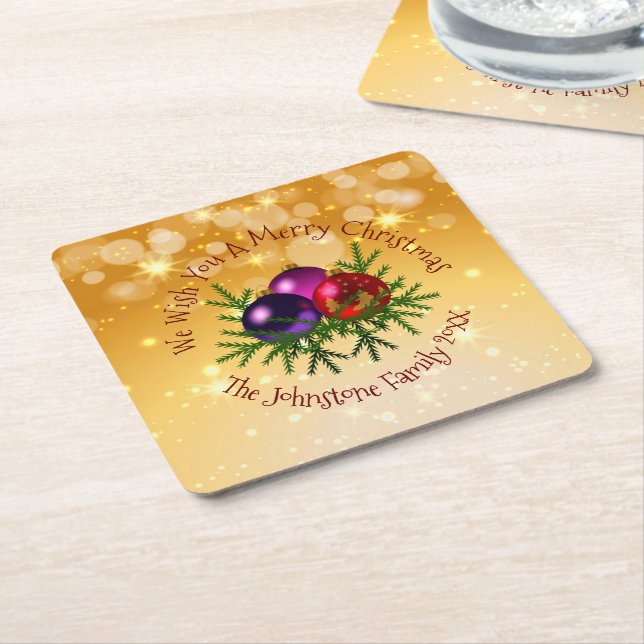 Fügen Sie Name Matching Christmas auf Gold Square  Rechteckiger Pappuntersetzer (angewinkelt)