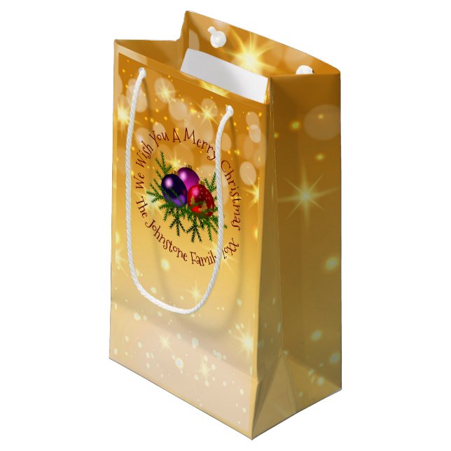 Fügen Sie Name Matching Weihnachten auf Gold klein Kleine Geschenktüte (Vorderseite Schrägansicht)
