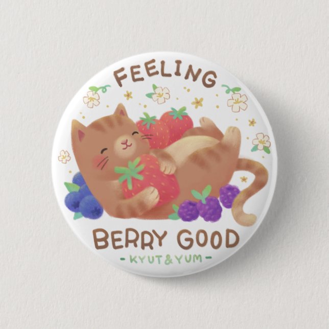 Fühl dich gut mit Beeren: Süße Katze mit Beeren Button (Vorderseite)