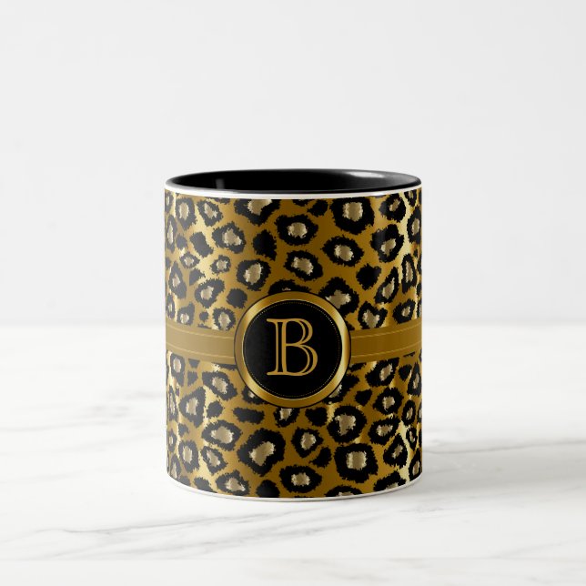 Führungskraft Monogram - Gold & Black Leopard Must Zweifarbige Tasse (Mittel)