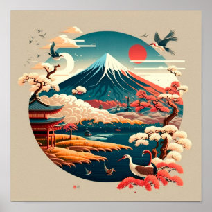 Fuji-Berg mit japanischer Landschaft im Vintage-St Poster