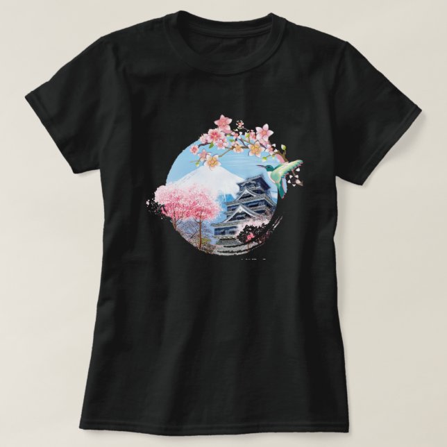 Fuji Japan mit Tempel und Sakura-Baum T-Shirt (Design vorne)