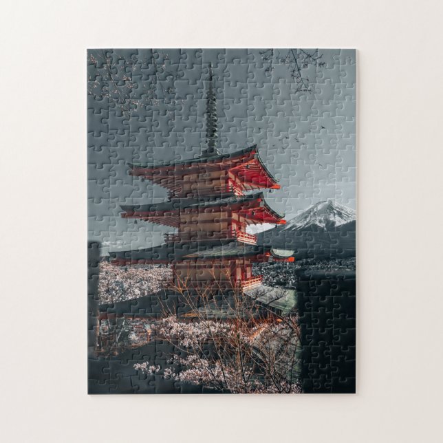 Fuji Japan Pagoda Cherry Blüten Puzzle (Vertikal)