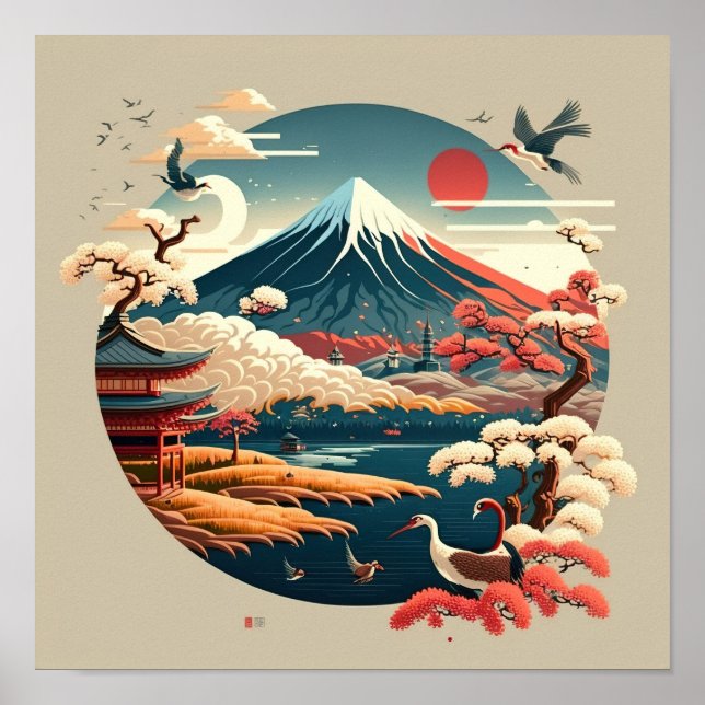 Fuji mit japanischer Landschaft im Vintagen Stil. Poster (Vorne)