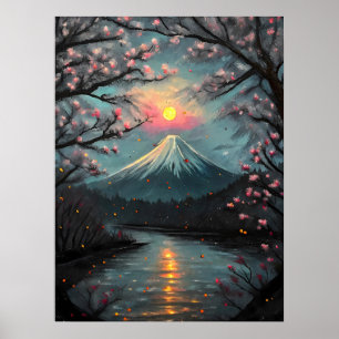 Fuji-Sonnenuntergang-Kirschblüten-Bergkunst Poster