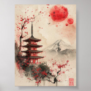 Fuji und Pagode – Klassische japanische Landschaft Poster