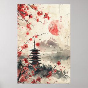 Fuji und Pagode – Klassische japanische Landschaft Poster