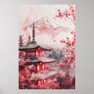 Fuji und Pagode – Klassische japanische Landschaft Poster