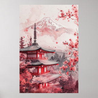 Fuji und Pagode – Klassische japanische Landschaft Poster
